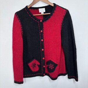 Vintage Hand Embroidered Red Black Colorblock Adorable Cardigan Mitten Pockets L